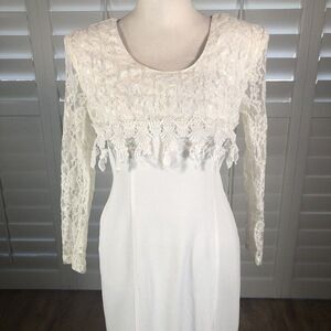 Vtg 80s Sheena Cream Ivory Sheath Dress 8 Lace Long Sleeves Romantic Victorian